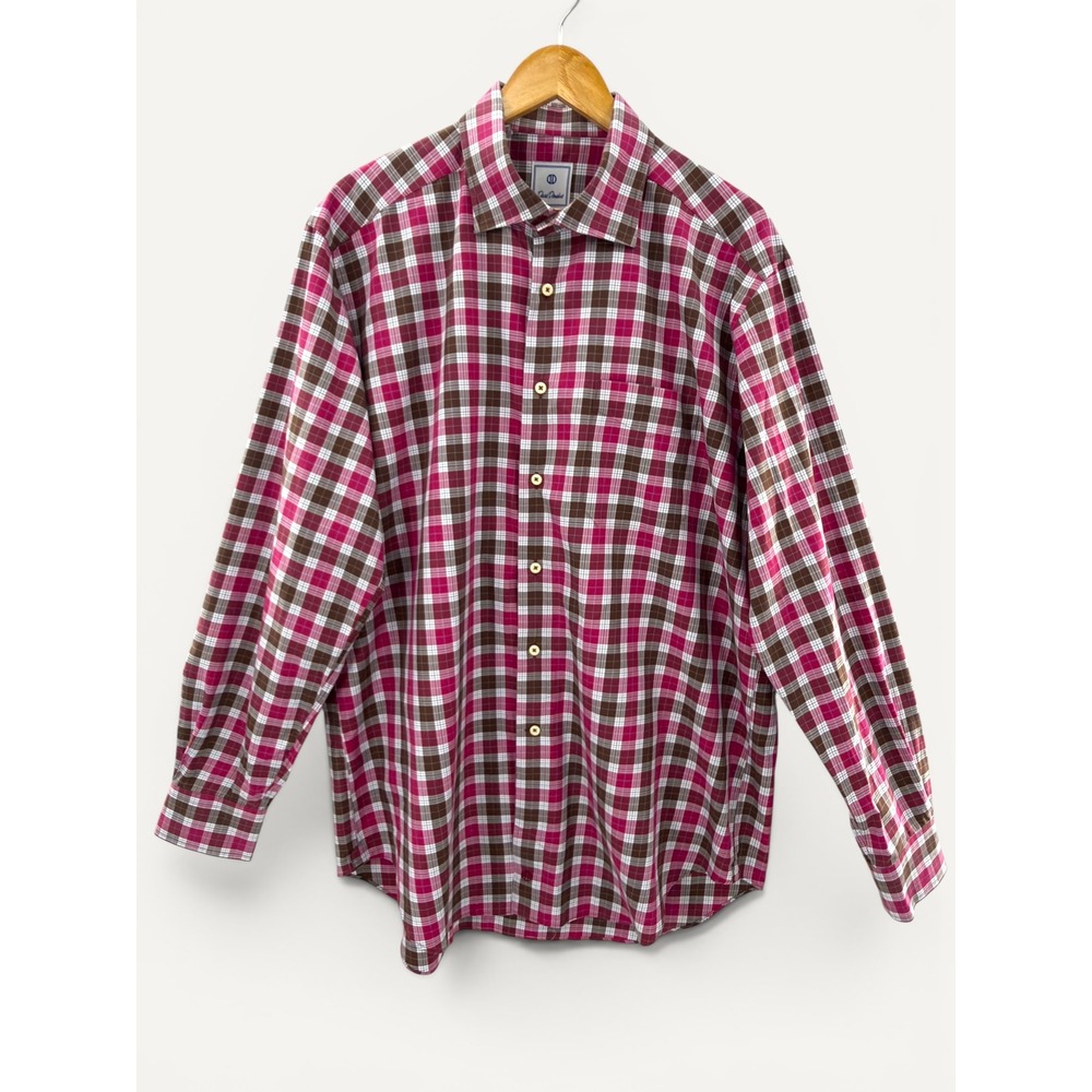 David Donahue XL Plaid Button Front Shirt Pink Brown Cotton Dress Casual Classic